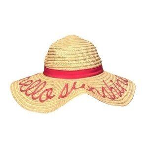 Floppy Beach Hat hello sunshine straw colored with pink ribbon